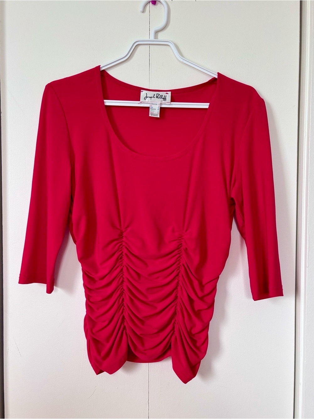 ✨ Joseph Ribkoff Raspberry Pink Ruched 3/4 Sleeve Top Size 10 Made in Canada